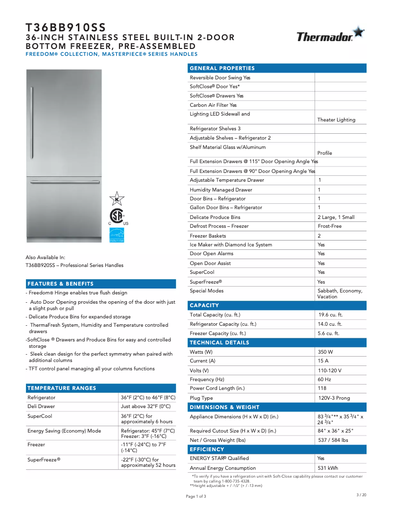 Page 1 de la notice Fiche technique Thermador T36BB910SS