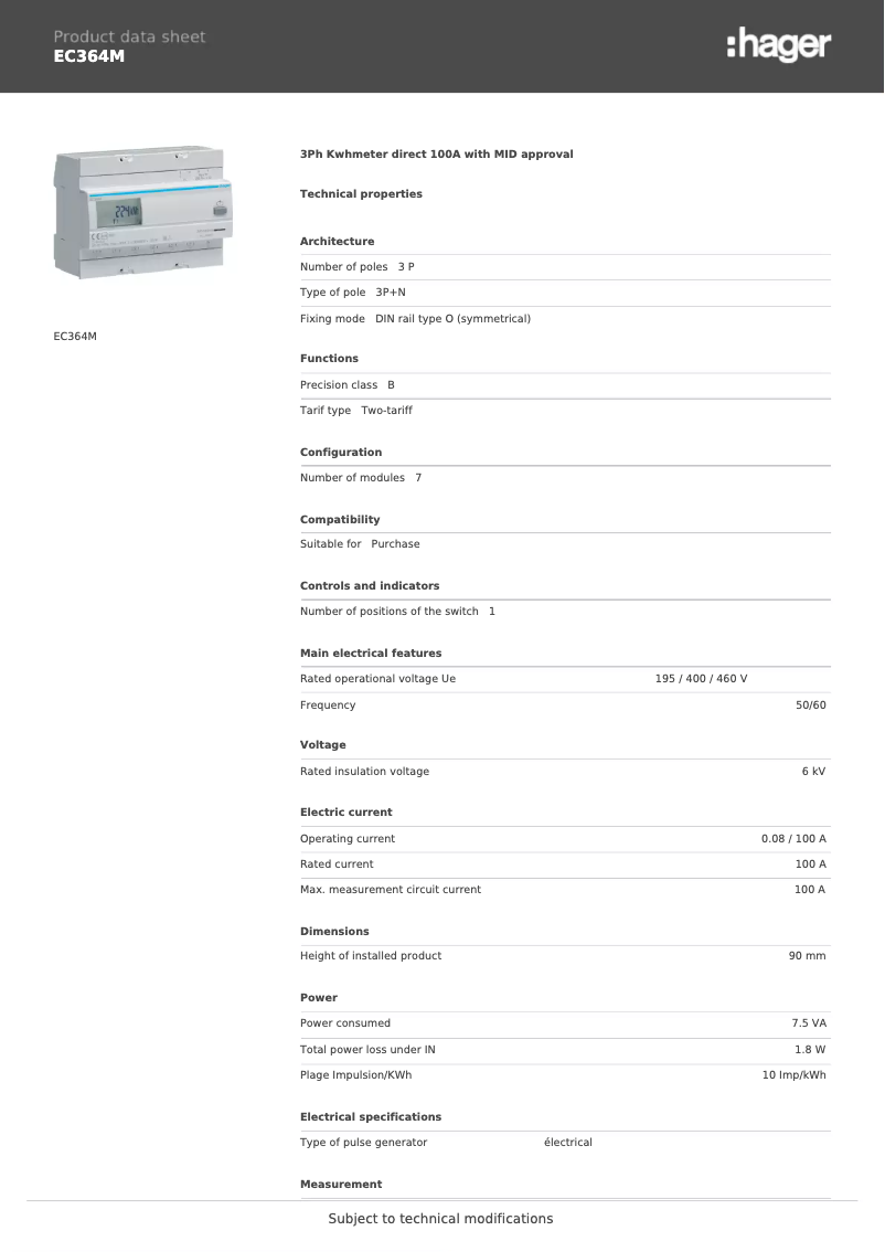 Page 1 de la notice Fiche technique Hager EC364M