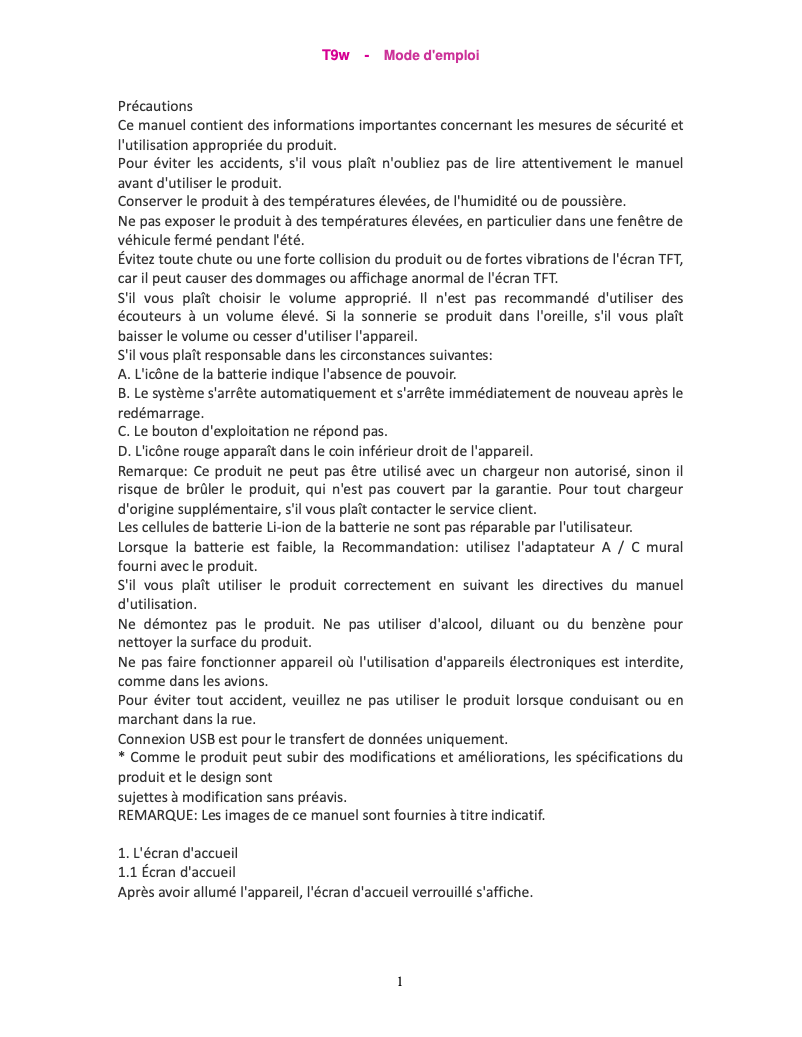 Image de la première page du manuel de l'appareil T9w