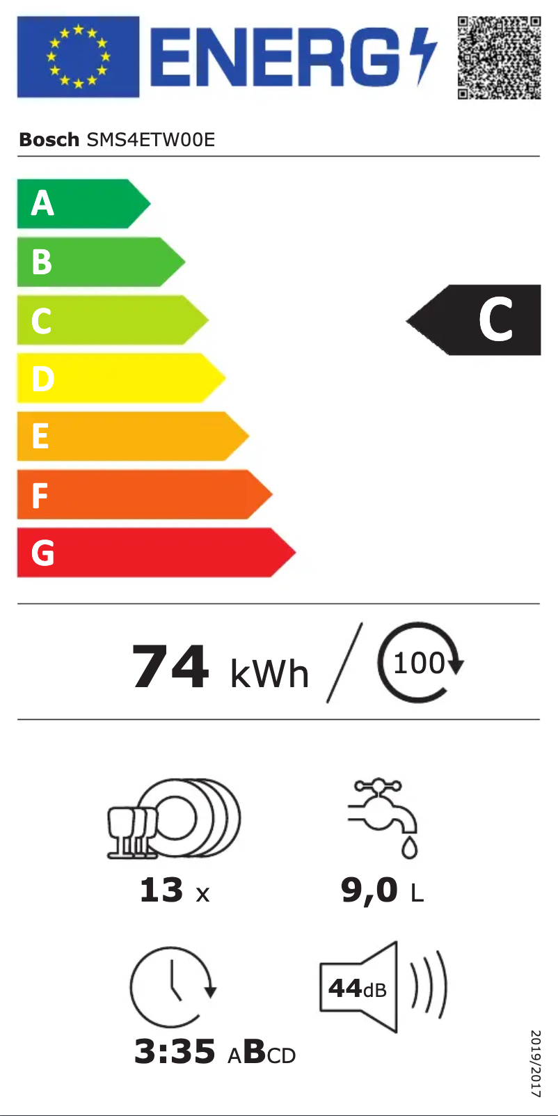 Page n°1 - Label énergétique Bosch SMS4ETW00E