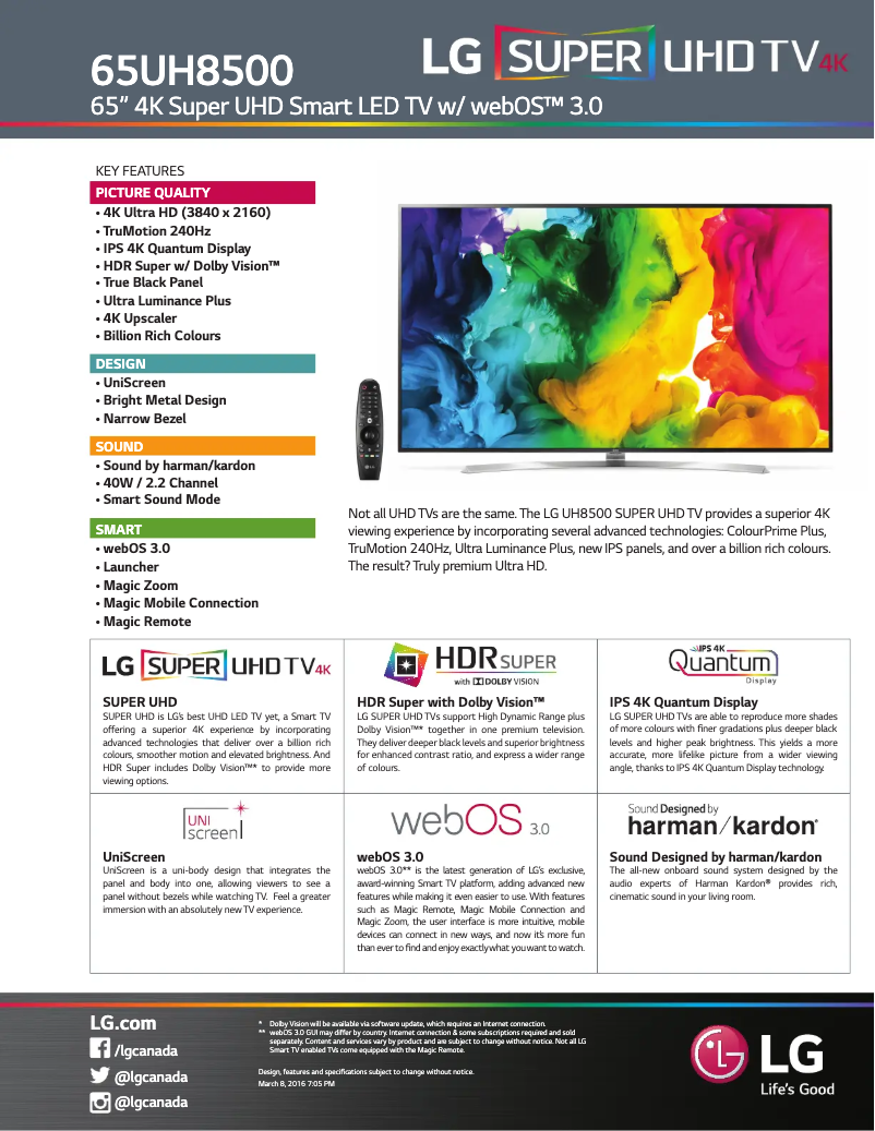 Page 1 de la notice Fiche technique LG 65UH8500