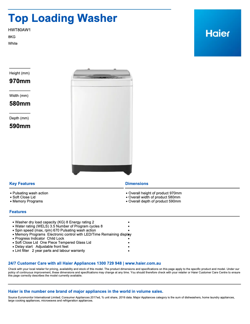 Page 1 de la notice Fiche technique Haier HWT80AW1