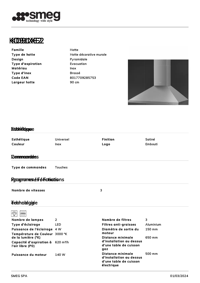 Page 1 de la notice Fiche technique Smeg KD91XE2