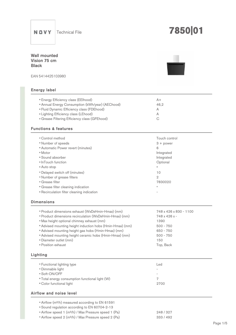 Page 1 de la notice Fiche technique Novy Vision 7850