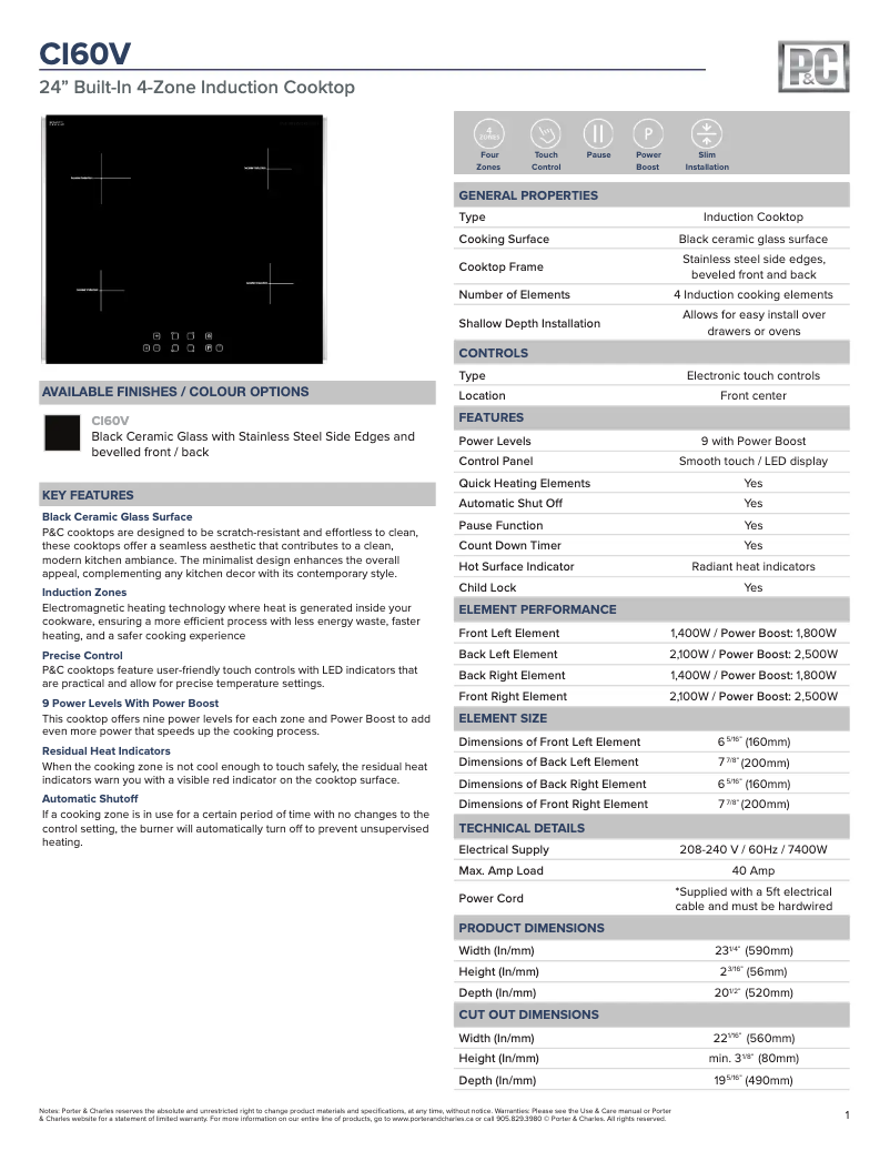 Page 1 de la notice Fiche technique Porter & Charles CI60V