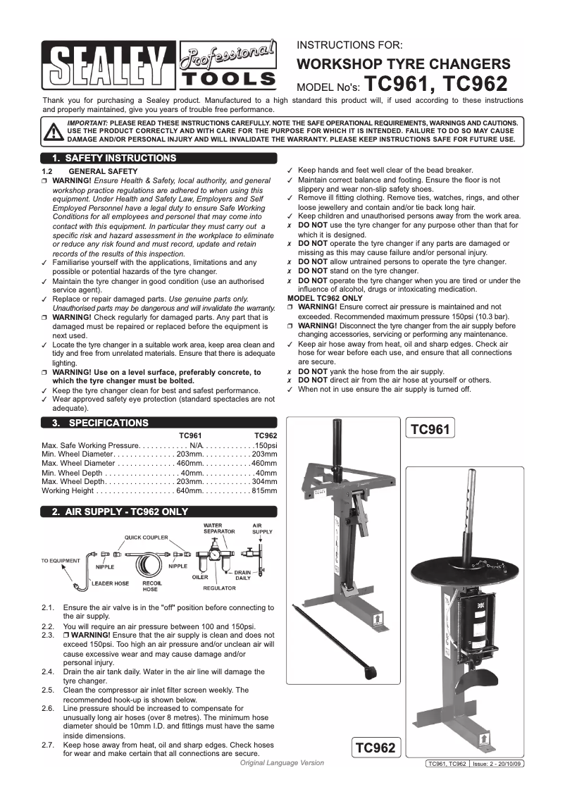 Page 1 de la notice Manuel utilisateur Sealey TC961