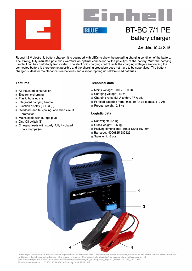 Page 1 de la notice Fiche technique Einhell BT-BC 7/1 PE