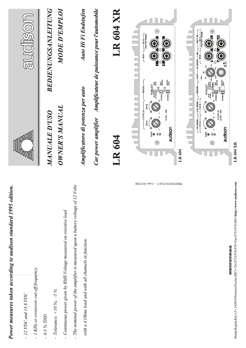 Page 1 de la notice Manuel utilisateur Audison LR 604