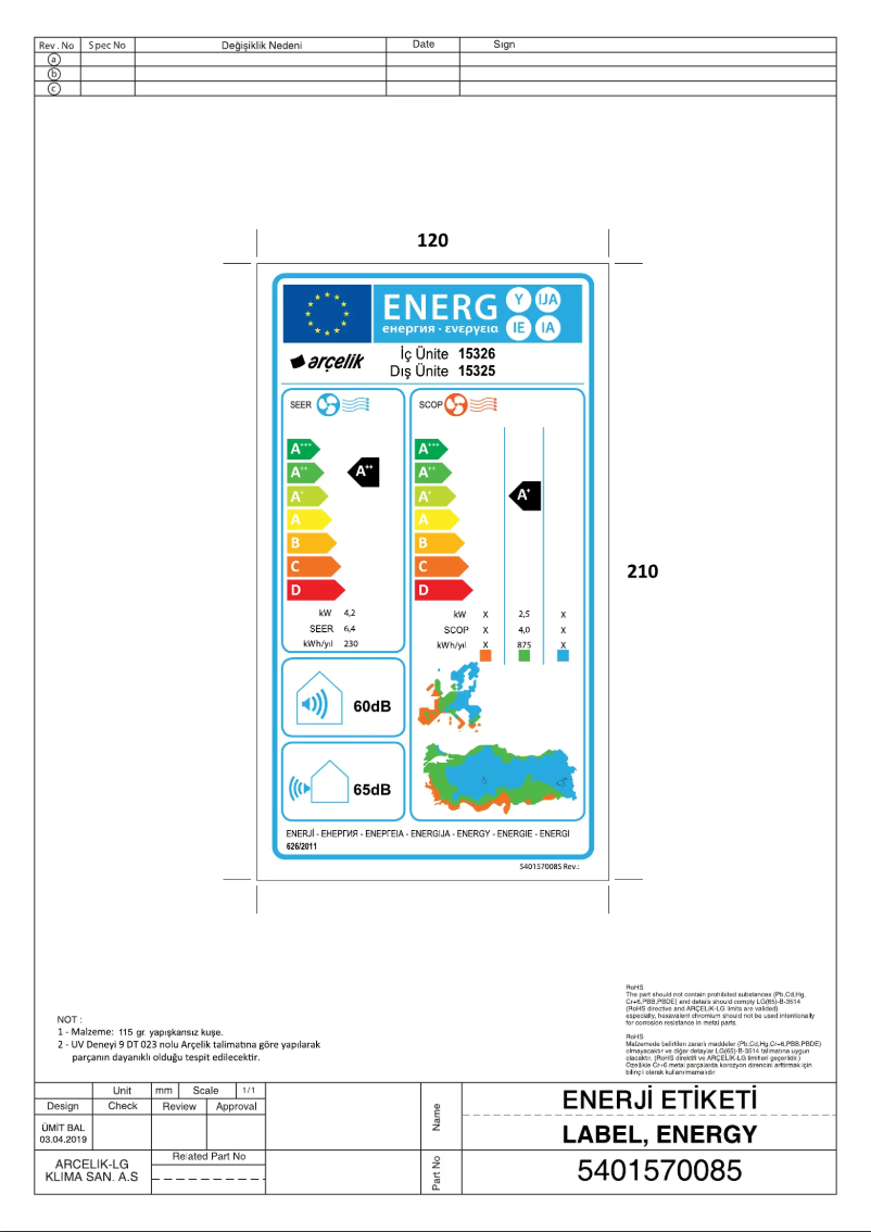 Page 1 de la notice Label énergétique Arçelik 15325