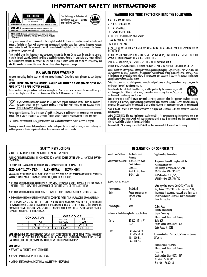 Page n°1 - Instructions de sécurité DBX goRack