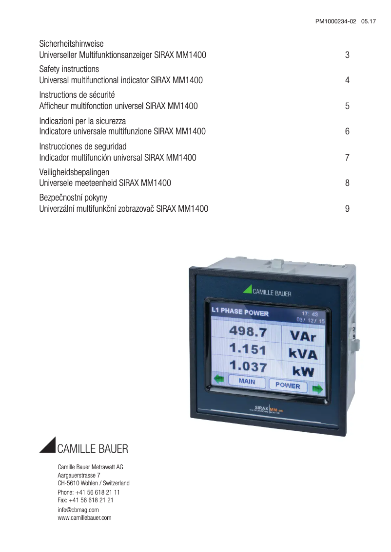 Page 1 de la notice Instructions de sécurité Camille Bauer SIRAX MM1400