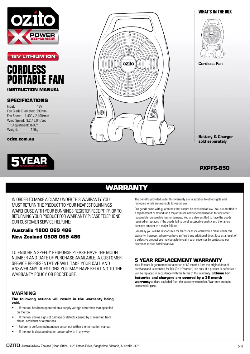 Page n°1 - Mode d'emploi Ozito PXPFS-850