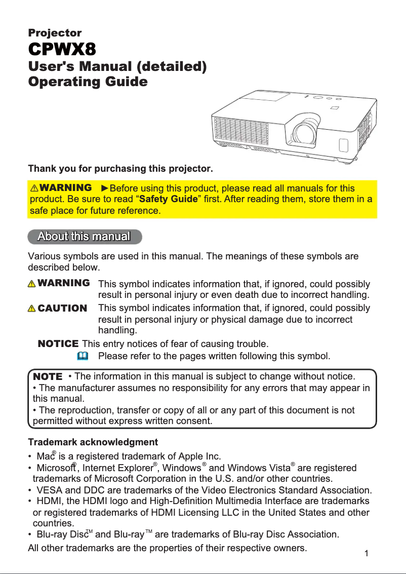 Page 1 de la notice Manuel utilisateur Hitachi CP-WX8