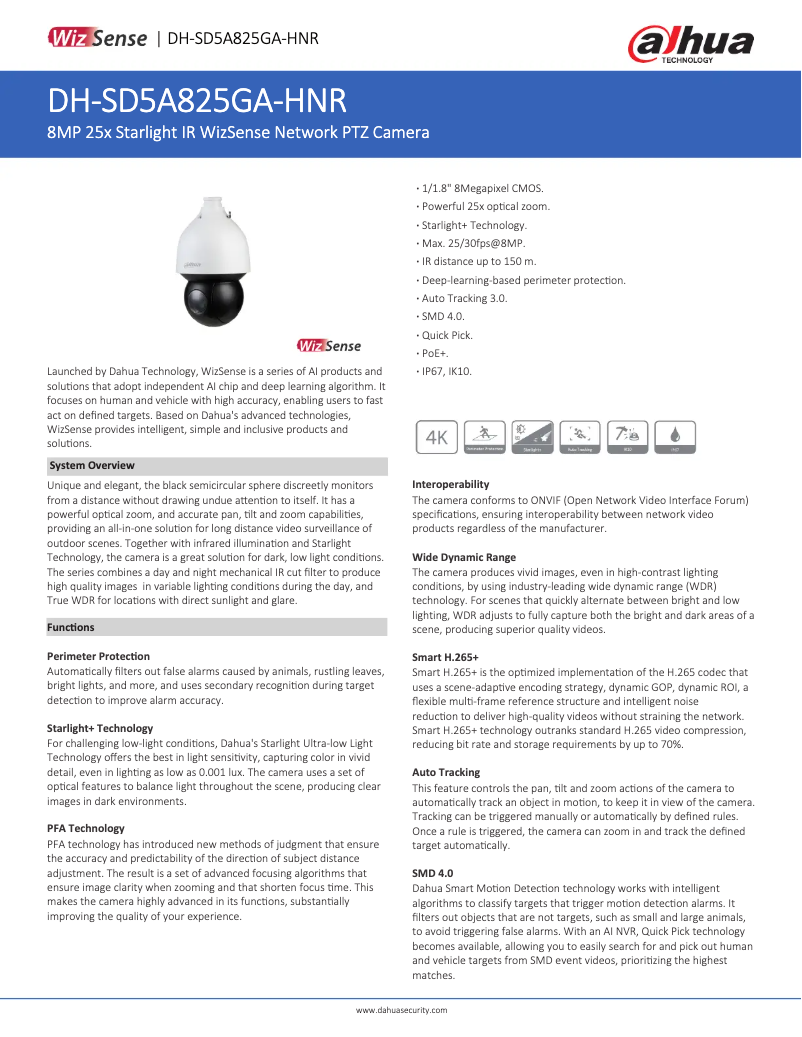 Page 1 de la notice Fiche technique Dahua Technology SD5A825GA-HNR