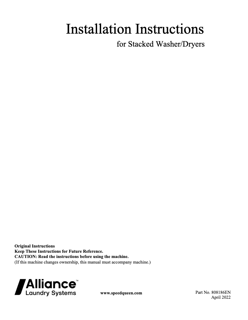 Page 1 de la notice Guide d'installation Speed Queen SF7007WG