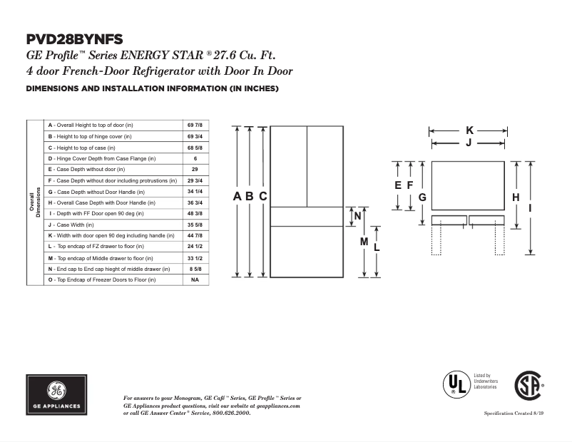 Page 1 de la notice Fiche technique GE Profile PVD28BYNFS