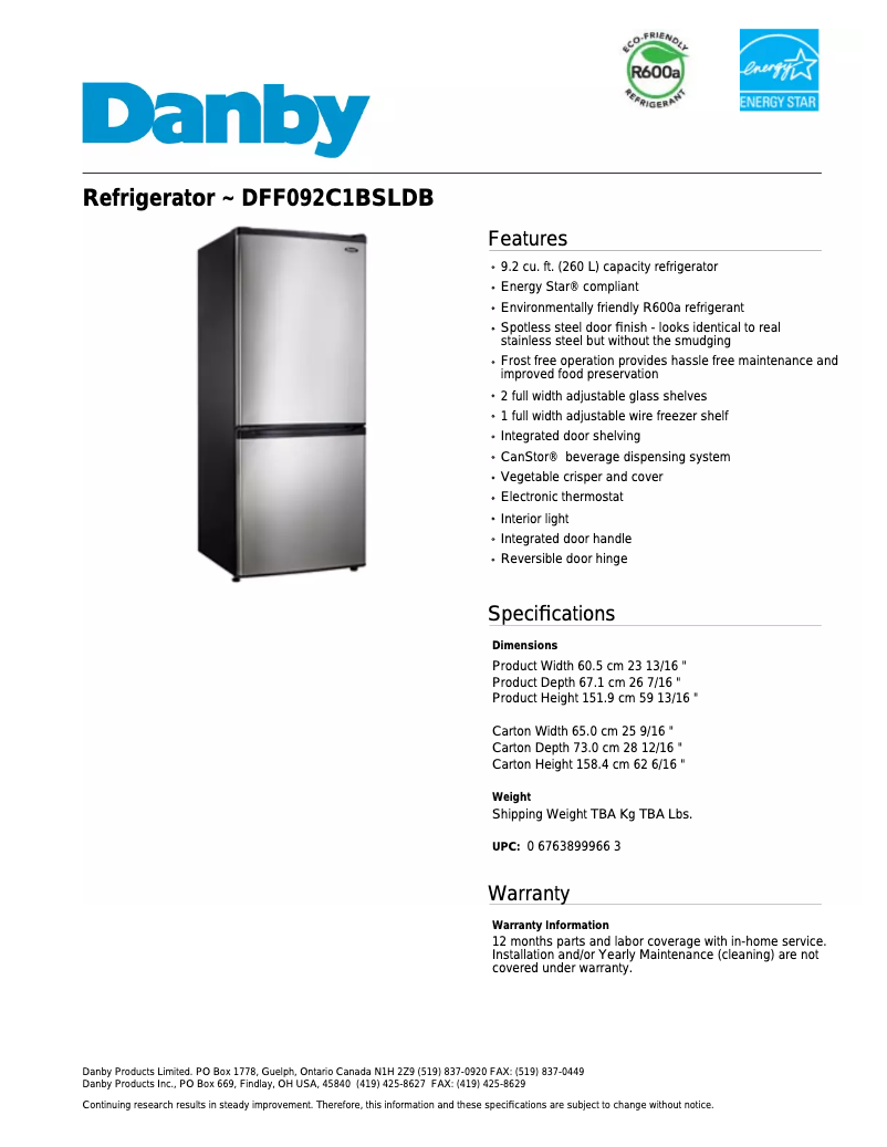 Page 1 de la notice Fiche technique Danby DFF092C1BSLDB