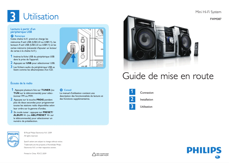Page 1 de la notice Guide de démarrage rapide Philips FWM387