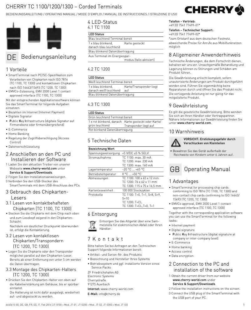 Page 1 de la notice Manuel utilisateur Cherry TC 1200