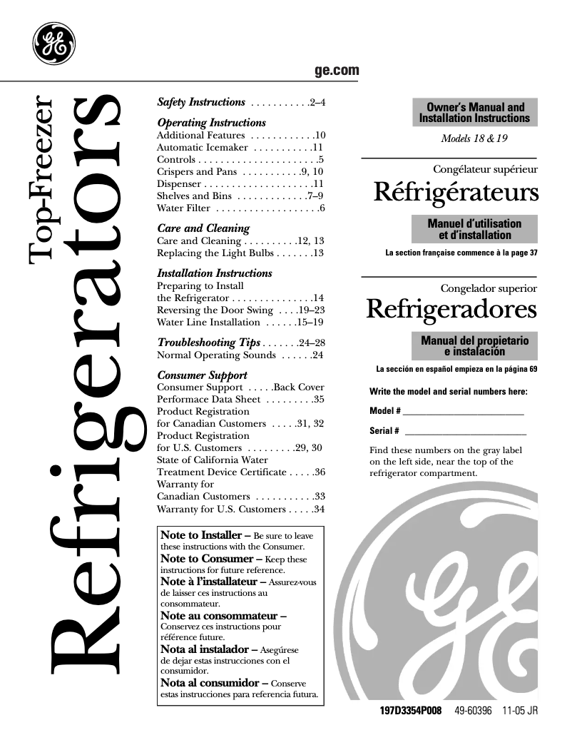 Page 1 de la notice Manuel utilisateur GE Adora DTS18ICRBB