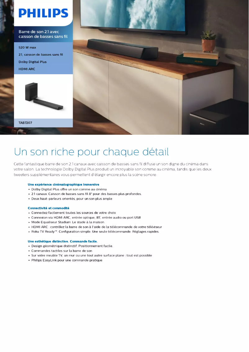 Page 1 de la notice Fiche technique Philips TAB7207