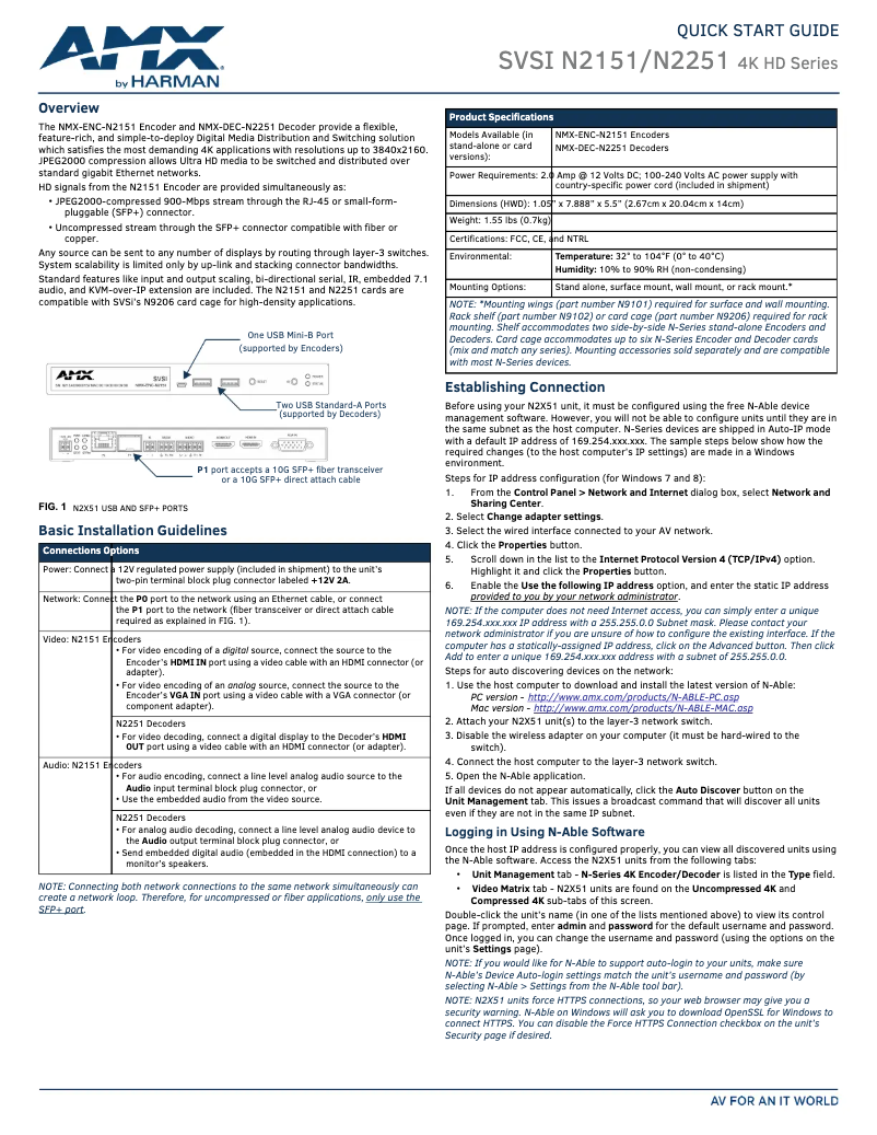 Page 1 de la notice Guide de démarrage rapide AMX NMX-ENC-N2151