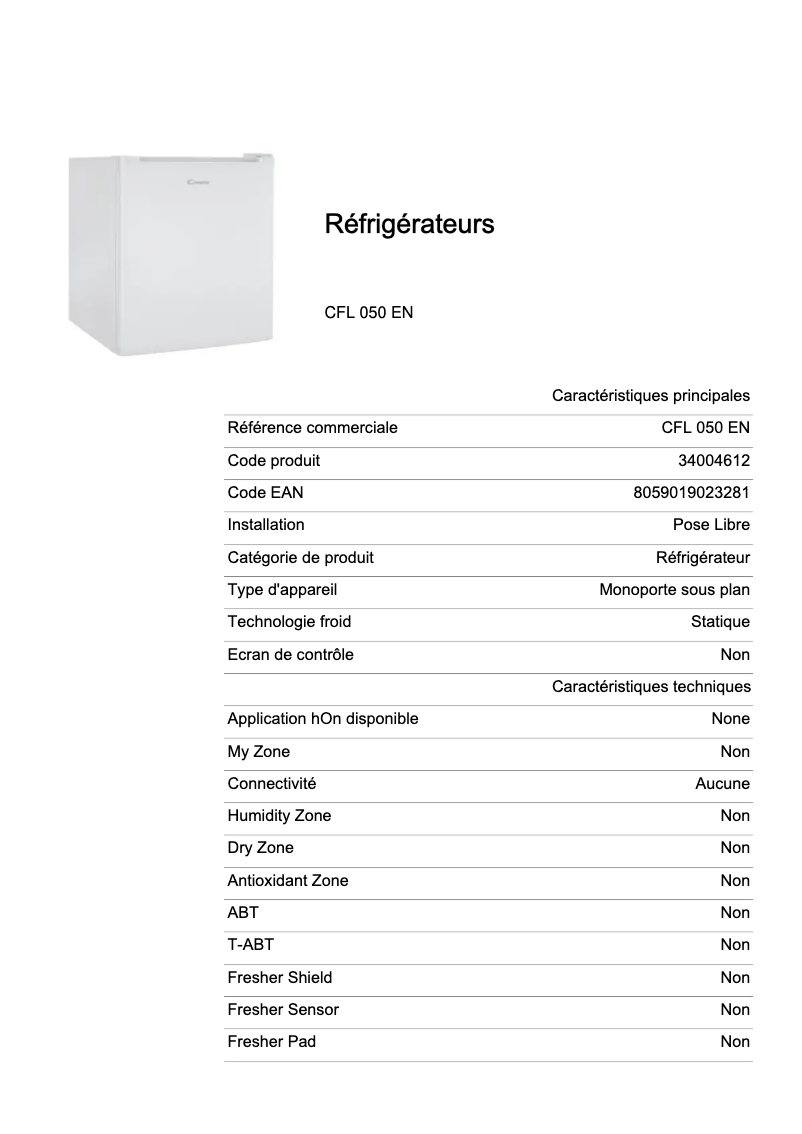 Page 1 de la notice Fiche technique Candy CFL 050 EN