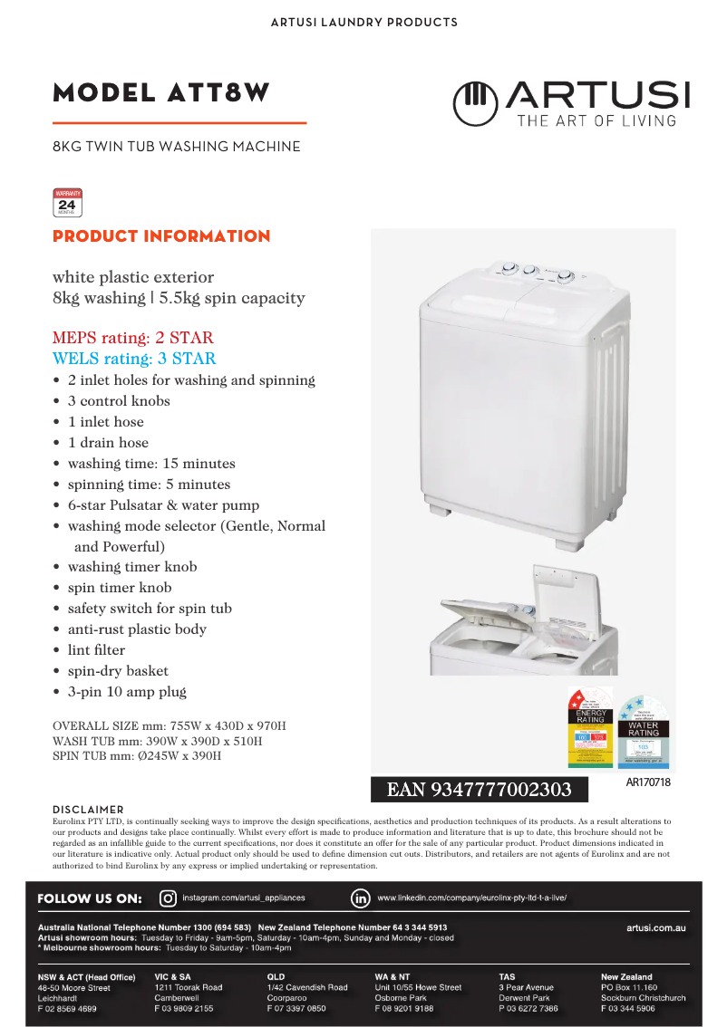 Page 1 de la notice Fiche technique Artusi ATT8W