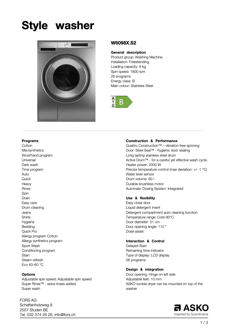 Page 1 de la notice Fiche technique Asko W6098XS2
