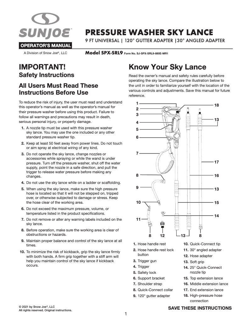 Page 1 de la notice Manuel utilisateur Sun Joe SPX-SRL9