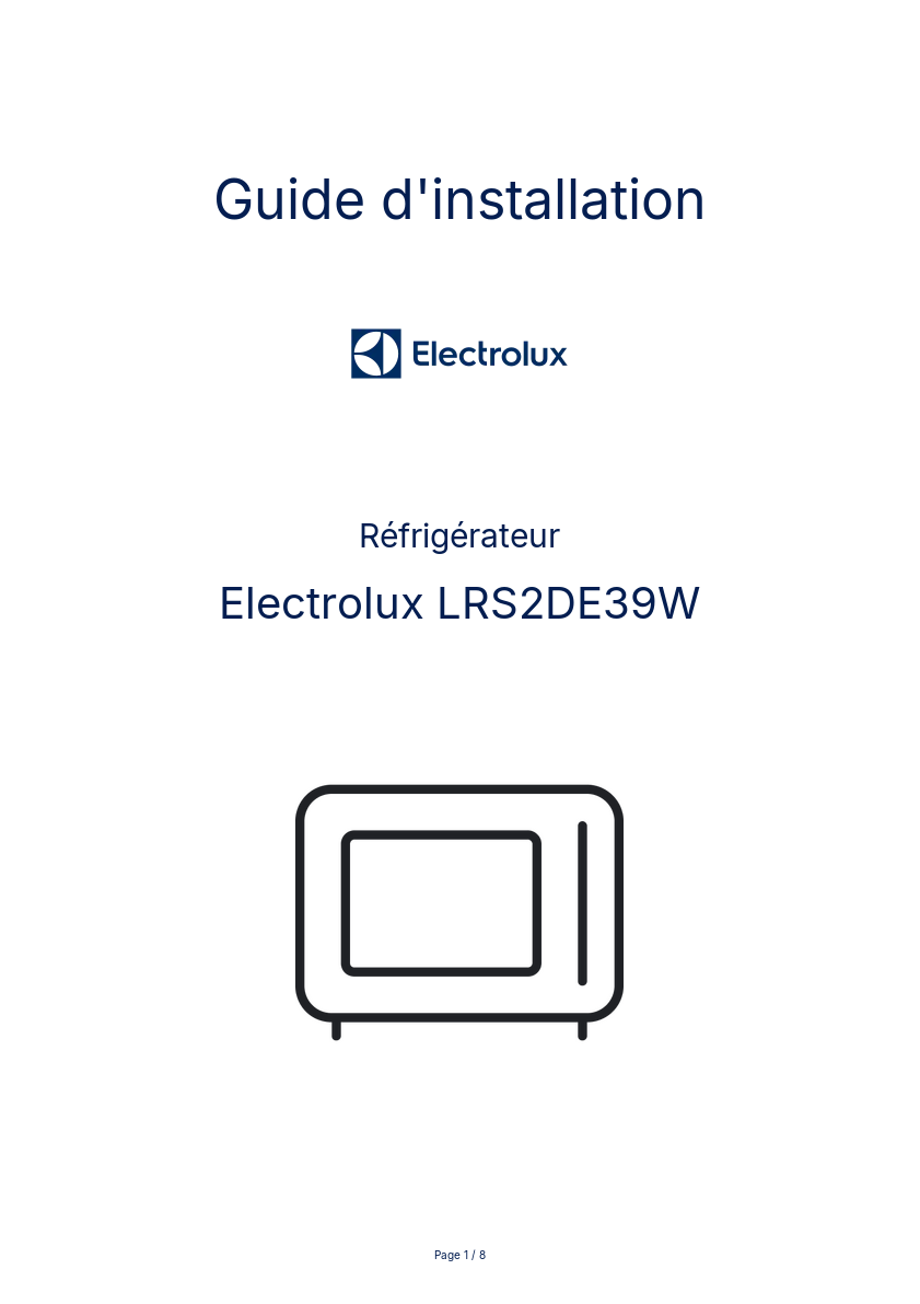 Page n°1 - Guide d'installation Electrolux LRS2DE39W