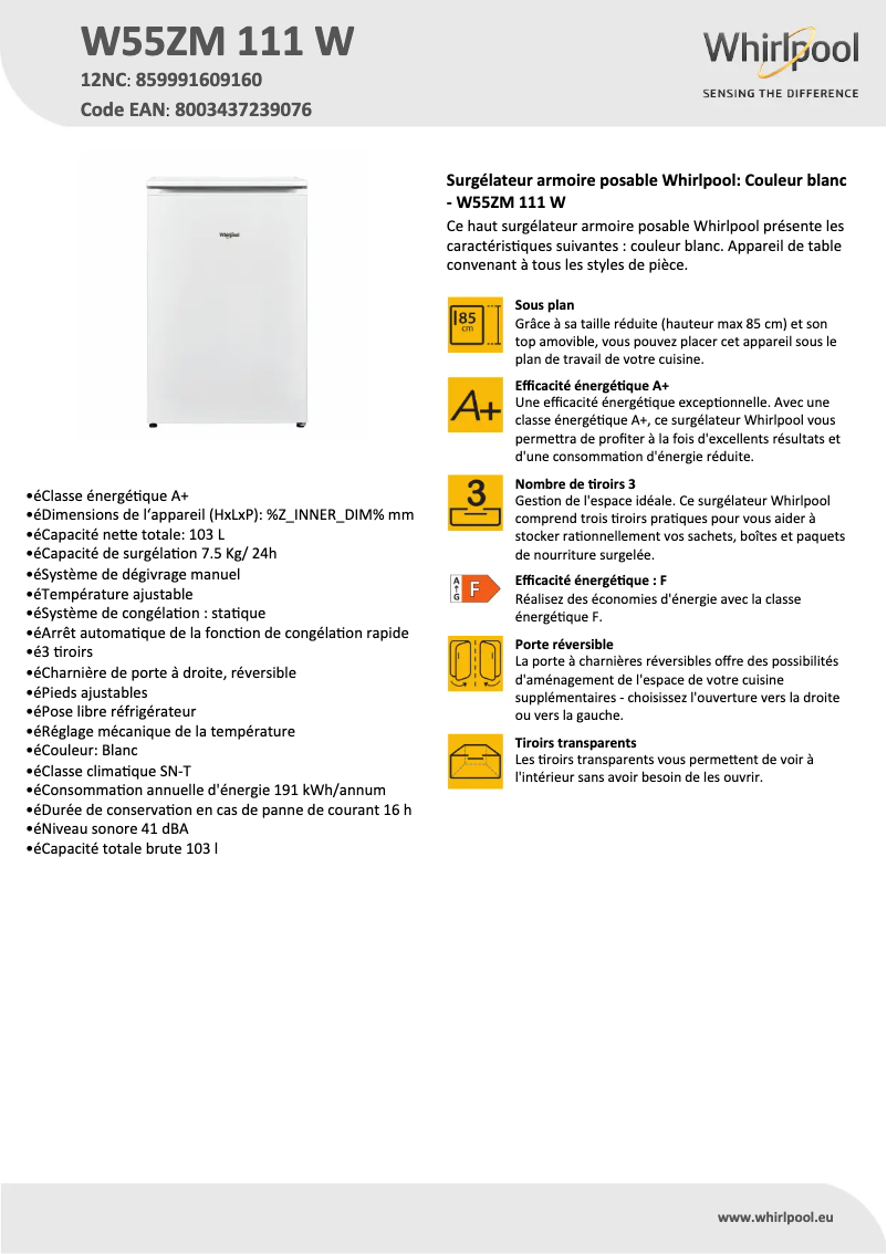 Página 1 del manual Ficha técnica Whirlpool W55ZM 111 W