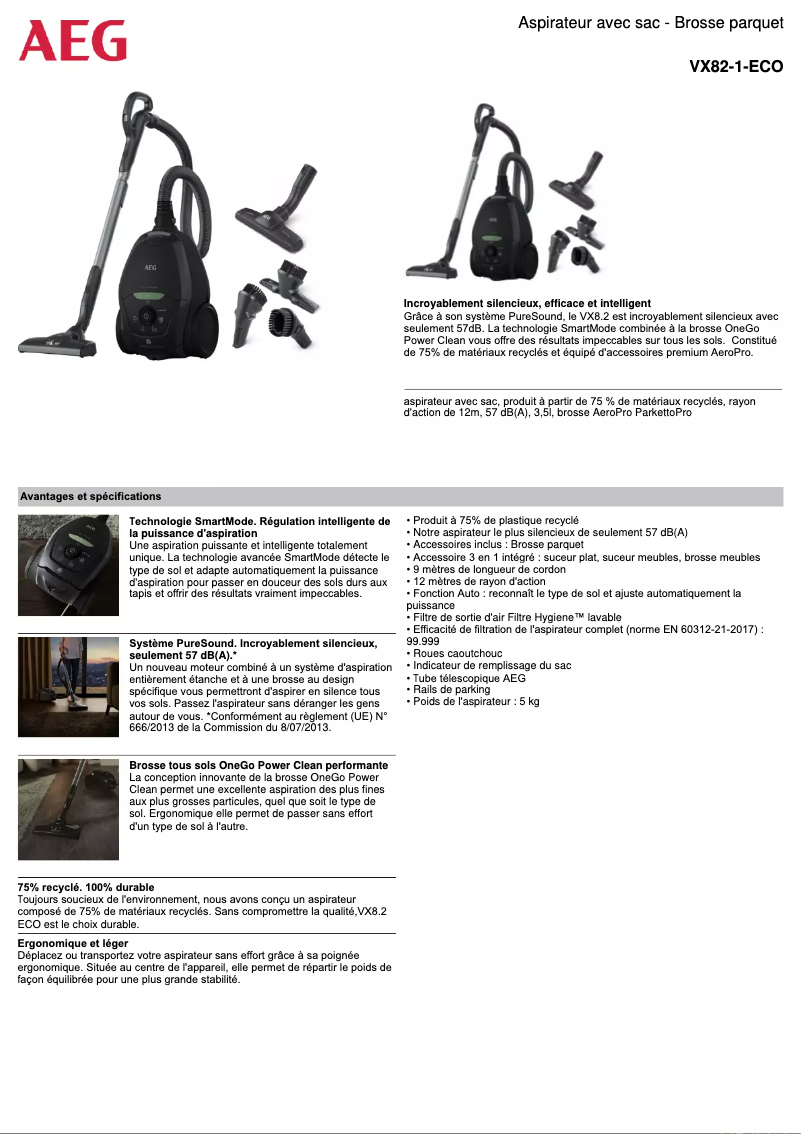 Page n°1 - Fiche technique AEG VX82-1-ECO