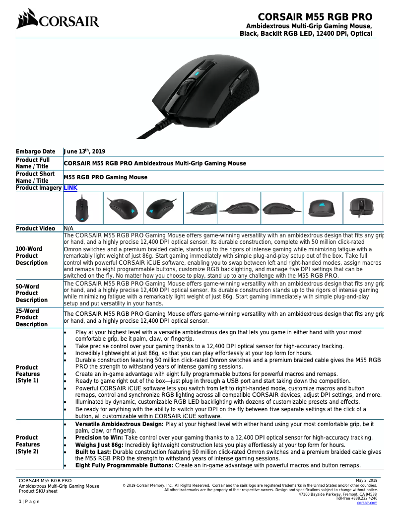 Page 1 de la notice Manuel utilisateur Corsair M55 RGB Pro