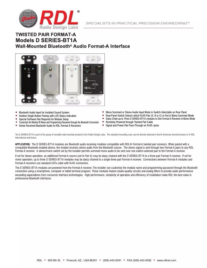 Page 1 de la notice Manuel utilisateur RDL D-BT1A