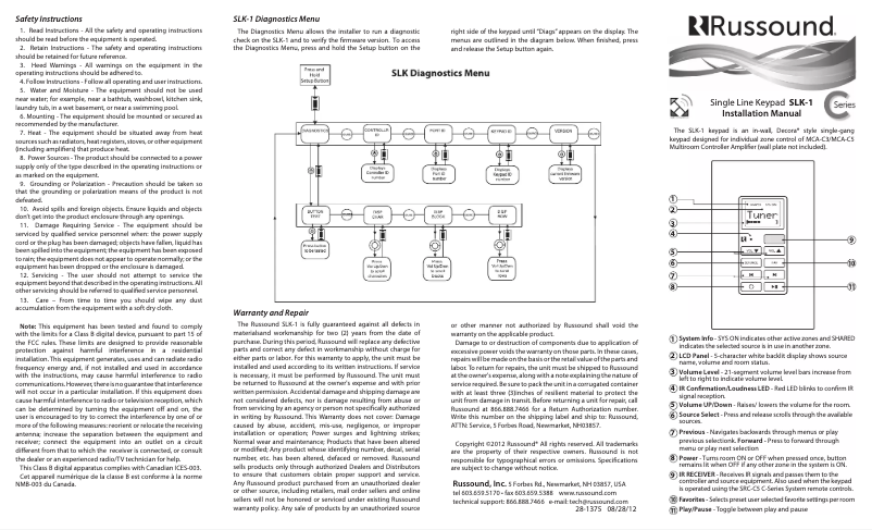 Page n°1 - Manuel utilisateur Russound SLK-1