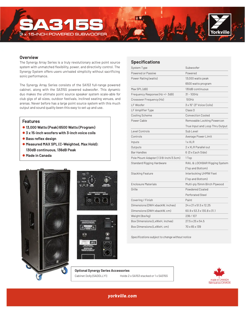 Page n°1 - Fiche technique Yorkville Synergy SA315S