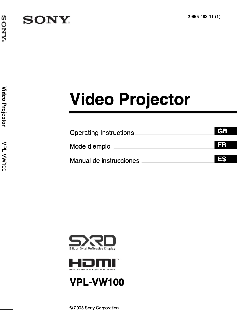 Page 1 de la notice Manuel utilisateur Sony VPL-VW100