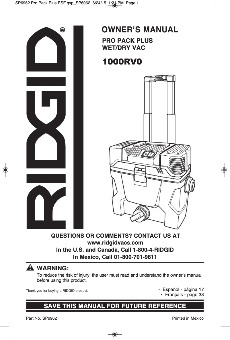 Page n°1 - Manuel utilisateur Ridgid 1000RV