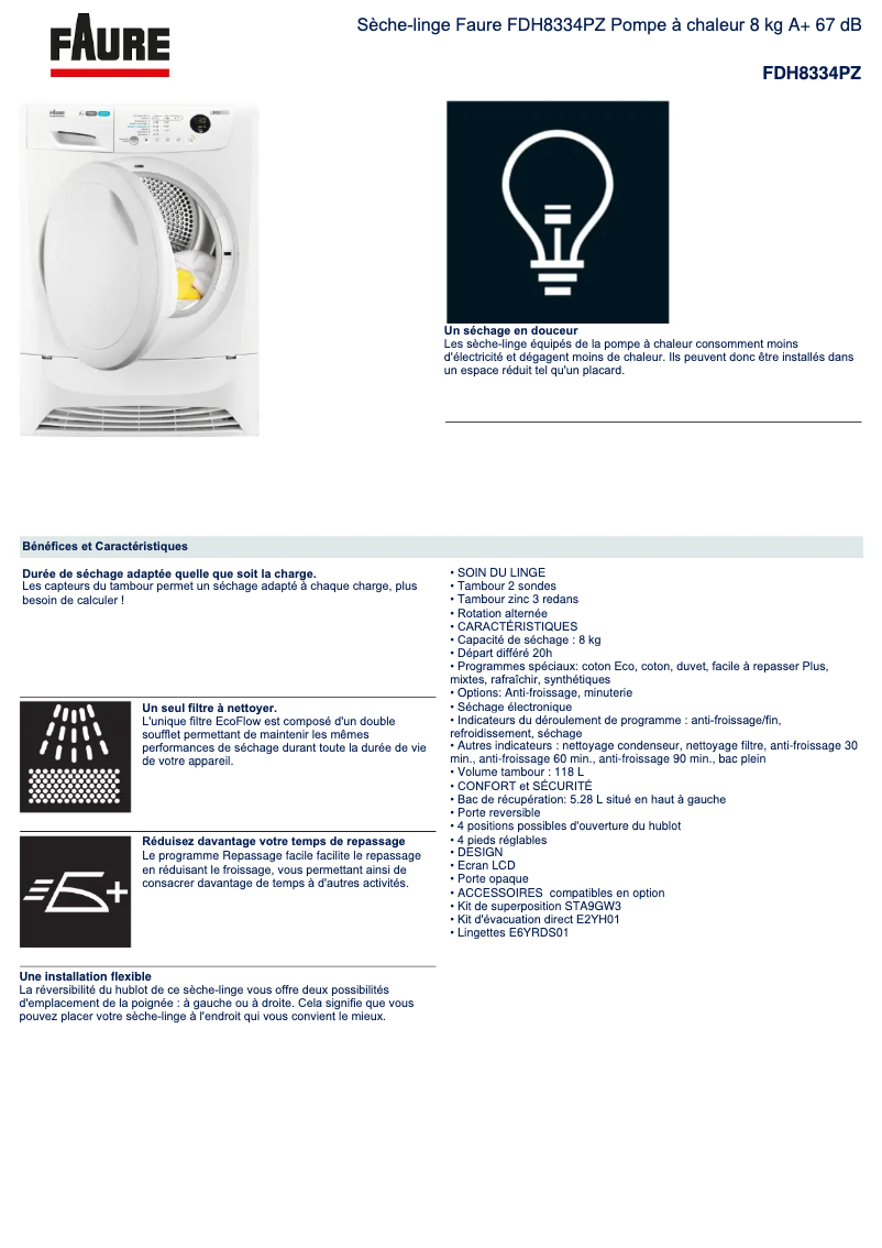 Page 1 de la notice Fiche technique Faure FDH8334PZ