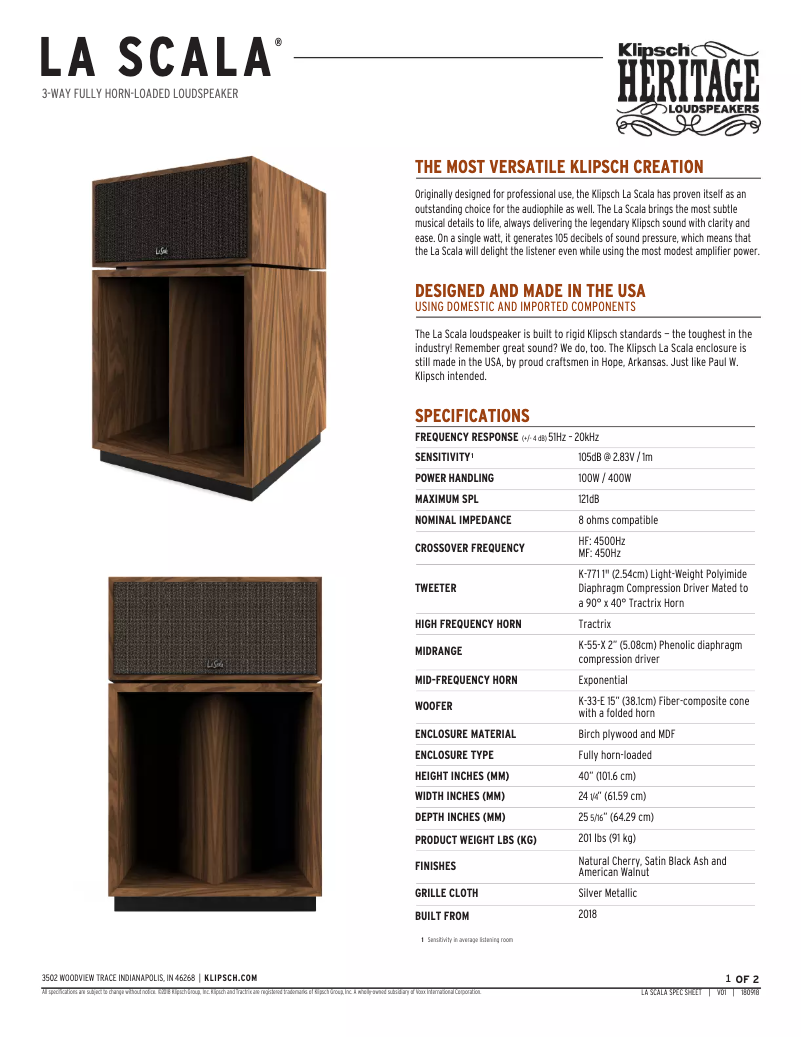 Page 1 de la notice Fiche technique Klipsch Heritage La Scala AL5