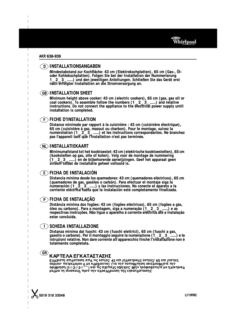 Page 1 de la notice Manuel utilisateur Whirlpool AKR 939