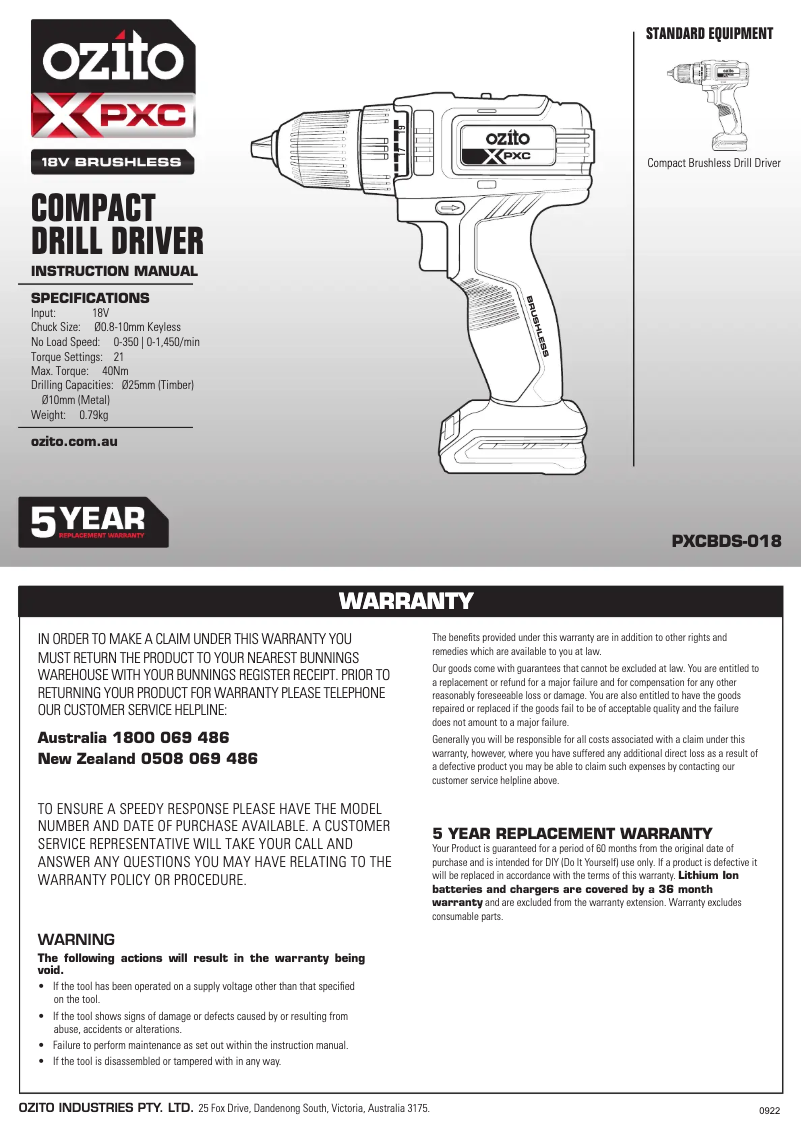 Page 1 de la notice Manuel utilisateur Ozito PXCBDK-250