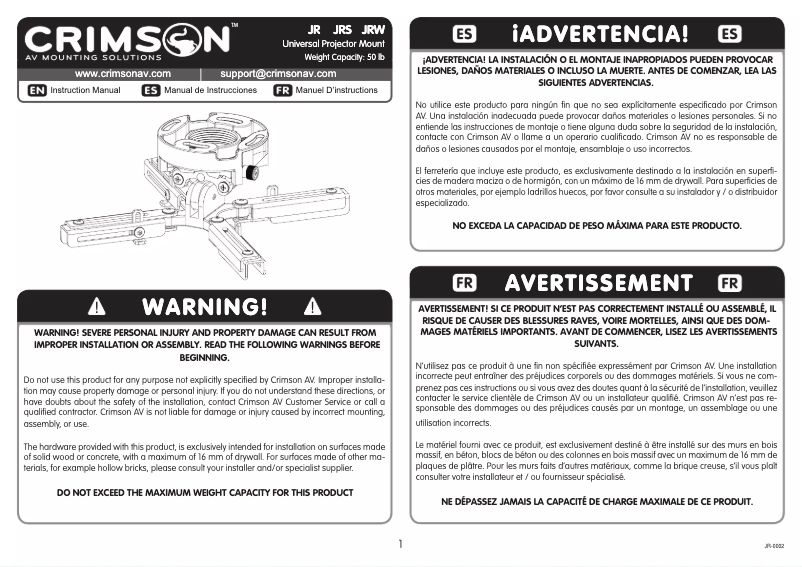 Page 1 de la notice Manuel utilisateur Crimson JRW