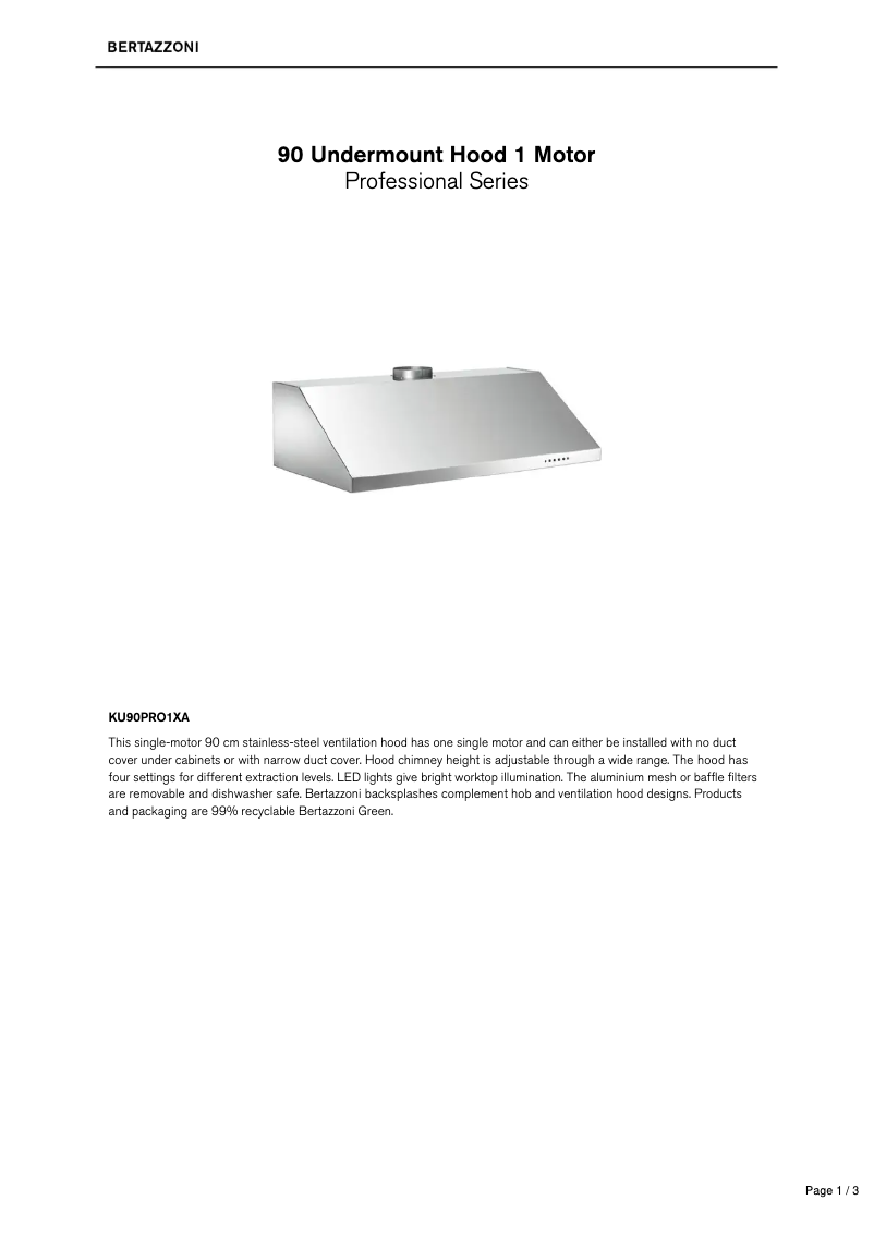 Page 1 de la notice Fiche technique Bertazzoni KU90PRO1XA