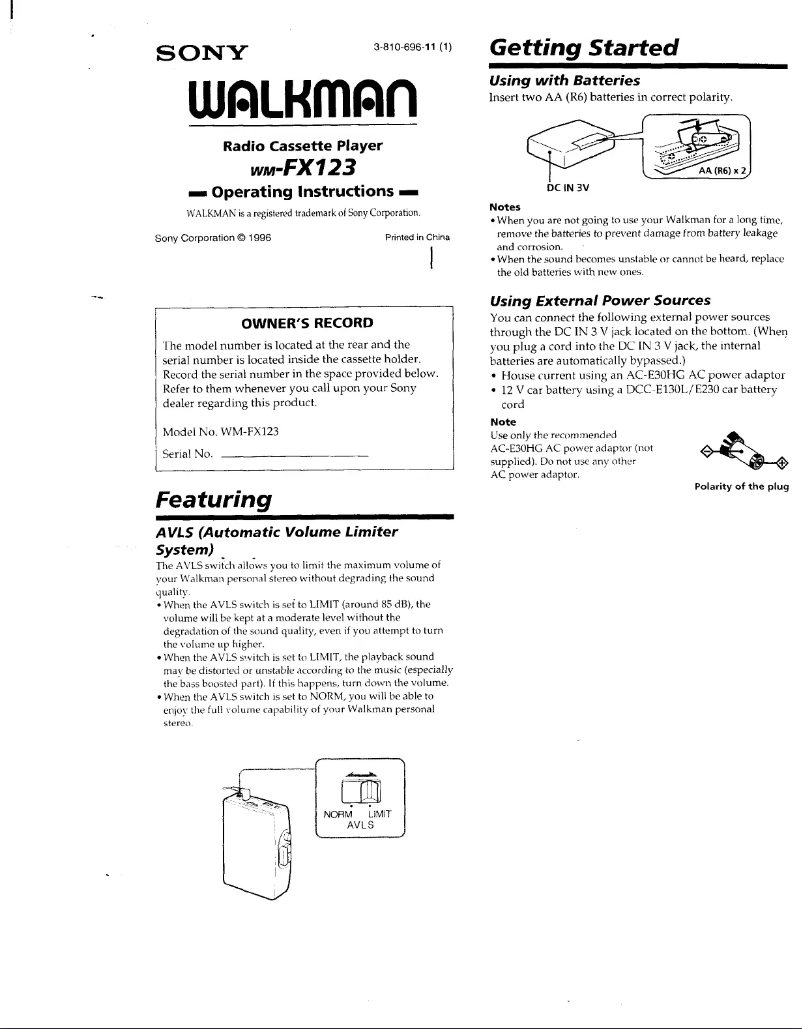 Page n°1 - Manuel utilisateur Sony Walkman WM-FX123