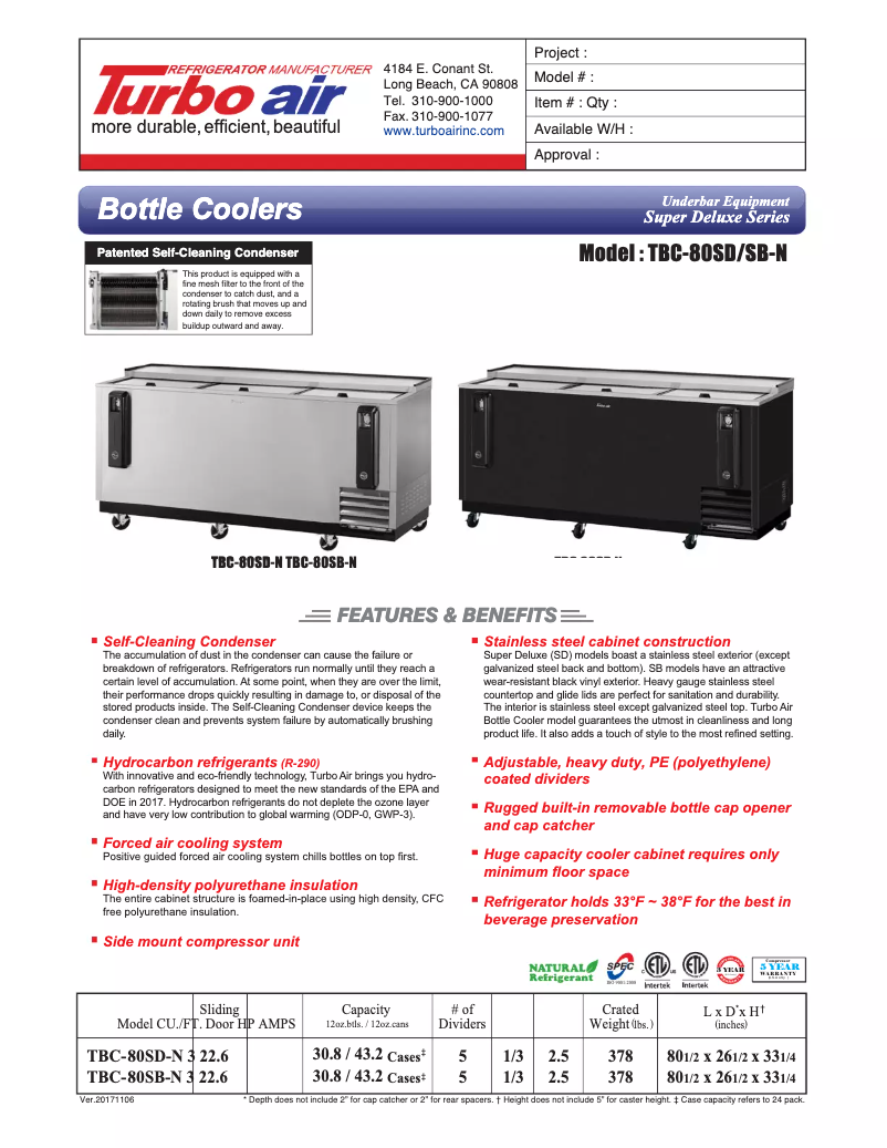 Page 1 de la notice Fiche technique Turbo air TBC-80SD