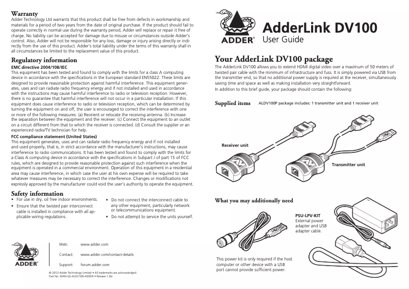 Page 1 de la notice Manuel utilisateur Adder ADDERLink DV100 HDMI