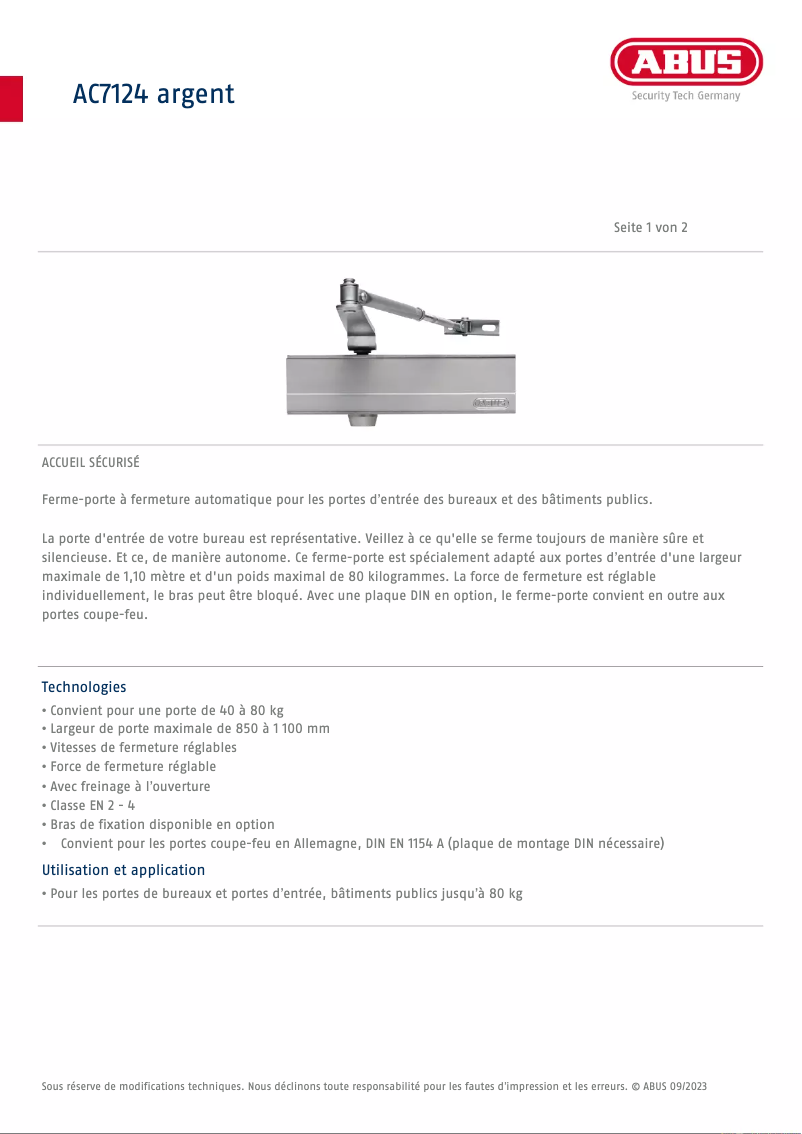 Page 1 de la notice Fiche technique Abus AC7124