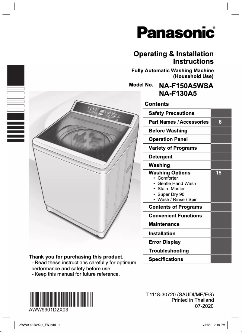 Page 1 de la notice Manuel utilisateur Panasonic NA-F130A5
